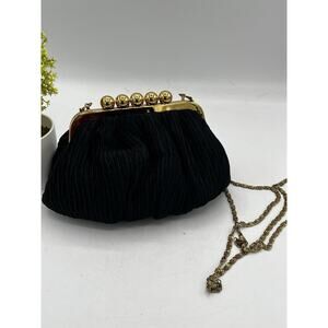 Carla Marchi Italy Vintage Black Ruched Satin Evening Bag Gold Ball Frame